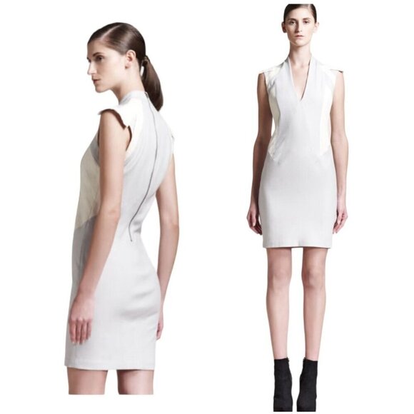 Helmut Lang Dress‎ Women 10 Gray Cream Blistered Leather Panel Sheath Mini - Picture 1 of 13